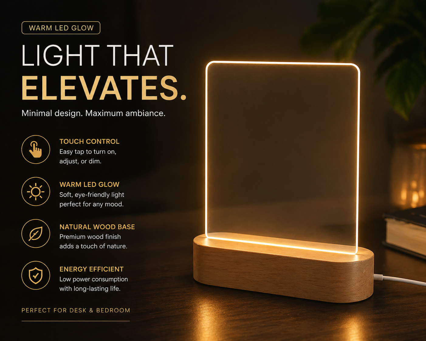 Wood Table Lamp Night Light with Message Board Bedroom Decor
